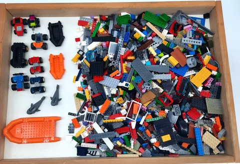 5 lbs Bulk LEGO Diverse Mix of Bricks, Car Chassis, Rafts, Sharks stored (W2-K)