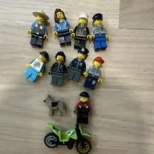 LEGO CITY Police Minifigure Lot - Police Officer Pilot Robber w Dog +Dirt Bike