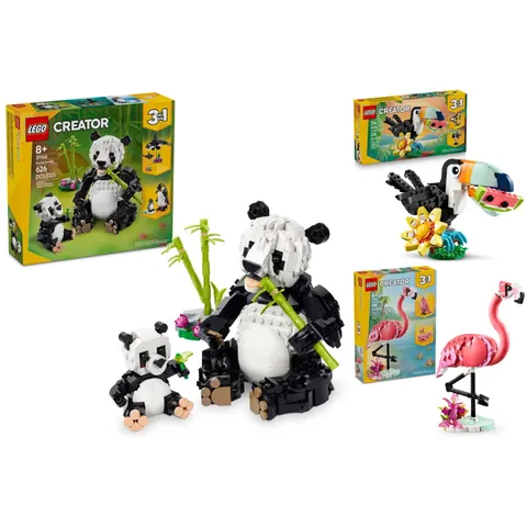 LEGO Creator 3 in 1 Wild Animals Panda Family, Tropical Toucan, and Pink Flaming