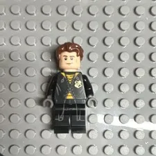 LEGO Minifigure Black Jacket Torso "DIGNITY" Back Print Brown Hair Gray Hands