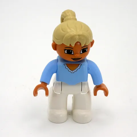 Lego Duplo Woman Mom Figure with Blond Hair White Pants Light Blue Shirt/Top
