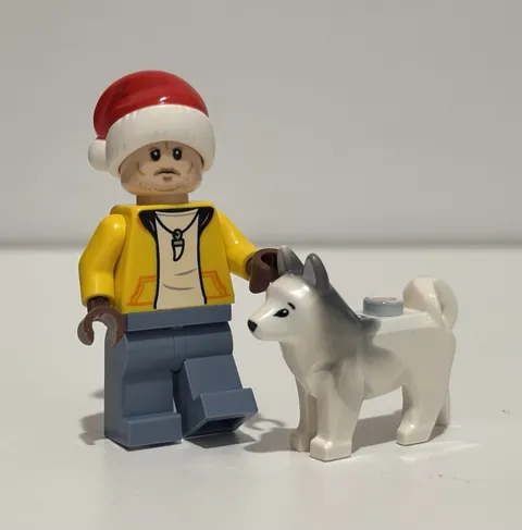 Lego Mini Figure Male Stubble Beard Yellow Hoodie Santa Hat With Dog