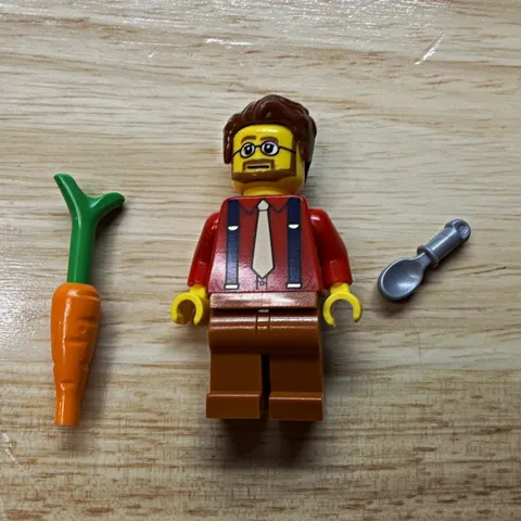 LEGO Minifigure Male w/ Glasses, Red Suspenders Shirt, Brown Legs, Carrot