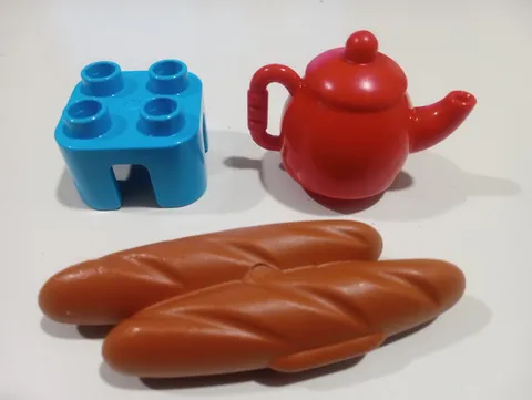 Lego Duplo Red Teapot, Bread And Table.