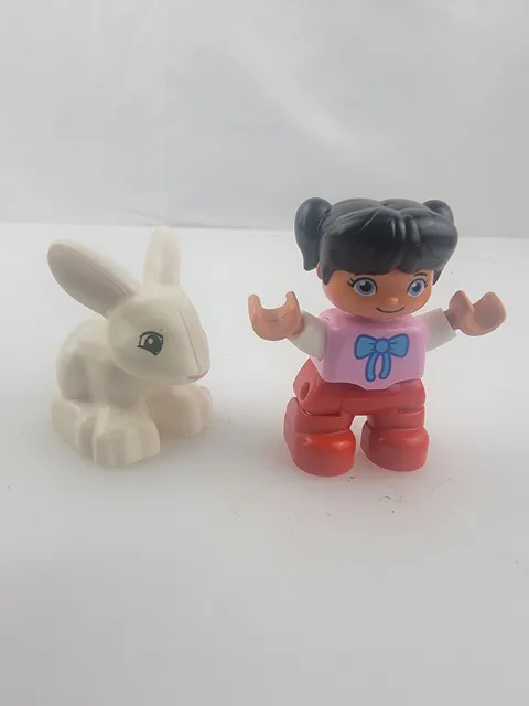 Lego DUPLO Girl Child Figure Pink Shirt Red Pants w/ A White  Bunny Rabbit 