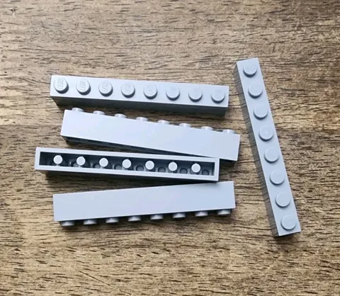 LEGO Light Bluish Gray 1 X 8 Brick, QTY 5. Part No. 3008.