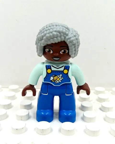 Lego Duplo Figure African American Grandma gray hair blue overalls w/ bee