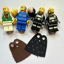 LEGO Minifigures Lot of 4 w/ 2 Cloth Capes Green Shirt, Blue Oil, Black Uniform