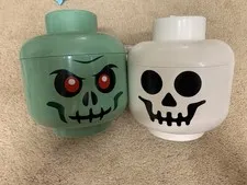 Set of 2 LEGO Halloween Head Containers Zombie Skeleton Pumpkin Large