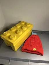 LEGO Yellow Storage Brick Container + Red LEGO Knit Beanie Hat Bundle