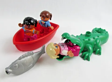 Lot of 6 Lego Duplo 3 Figures, Boat, Fish, Alligator