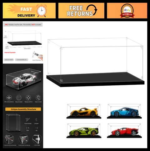 Lego Display Case for 1:8 Scale Cars - Dustproof Clear Showcase, 23.62"x11.81"x7