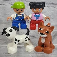 Lego Duplo Figures Lot Of 4 Kids Pets People Girl Boy Dalmatian Dog Striped Cat