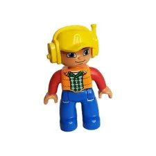 Lego Duplo Figure Male, Blue Legs, Orange Vest, Yellow Cap Headphones Airline
