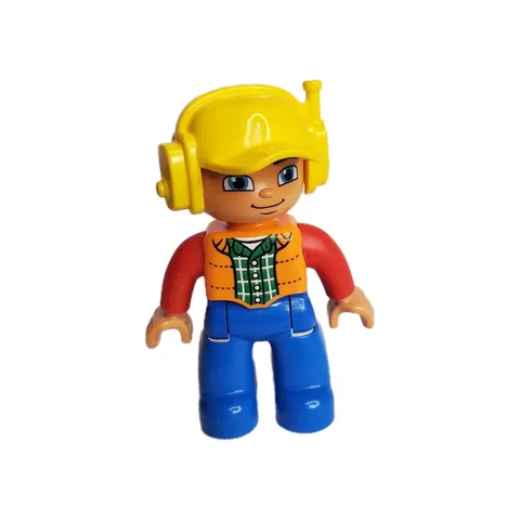 Lego Duplo Figure Male, Blue Legs, Orange Vest, Yellow Cap Headphones Airline