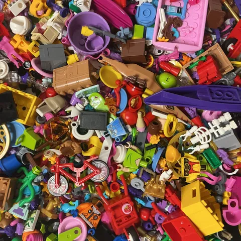8 Ounce LEGO Random Accessories Lots: Minifigure Parts, Food, Weapons, Pieces +