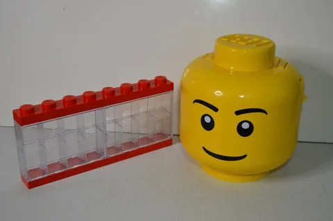 LEGO Big Yellow Head Storage Container and Red/Transparent 16 Slot Display Lot