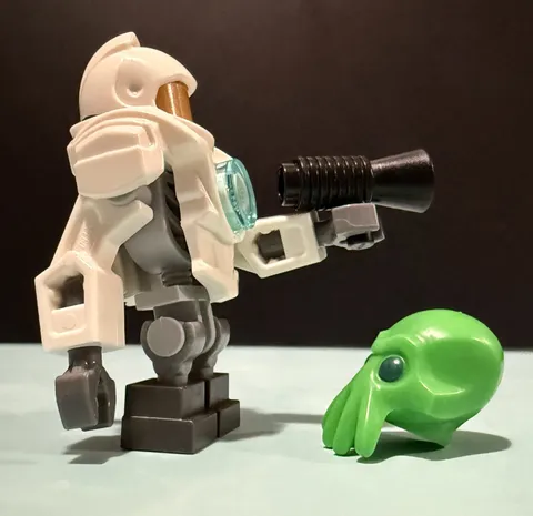 Lego Space Robot Minifigure and Green Alien Head with Tentacles