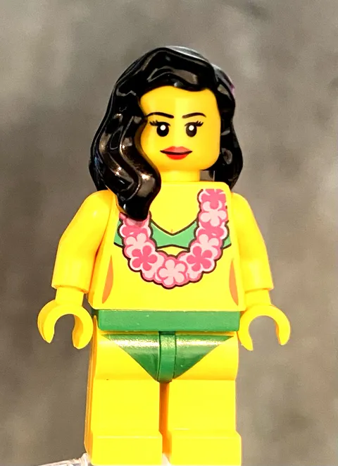 LEGO Girl Female in Green Bikini w/ Lei,  Black Hair w/Flower, Hawaii Vacation