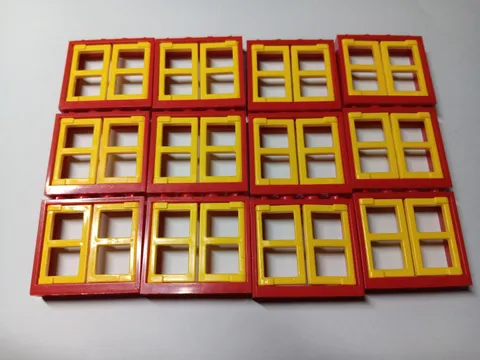 LEGO LOT 12 RED WINDOW FRAMES 1X4X3 WITH YELLOW PANES #60594