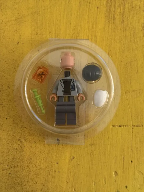 Dr. Wu LEGO Minifigure: Light Gray Jacket Evil Smile Jurassic World Figure W/egg