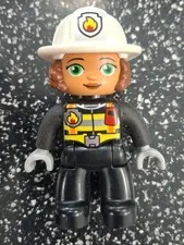 Lego Duplo Figure Woman Fireman white hat fire on hat black uniform