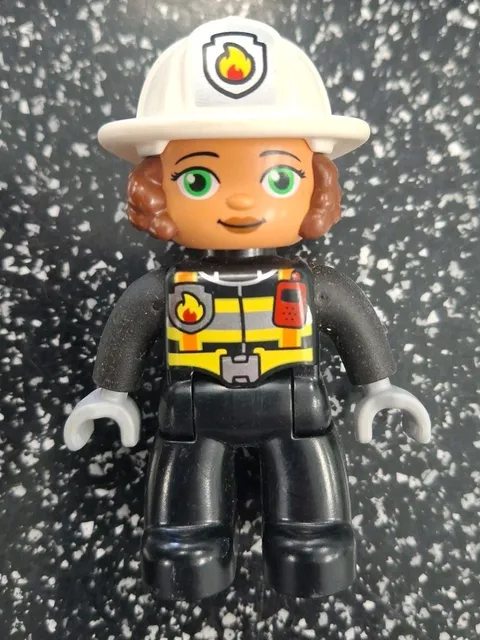 Lego Duplo Figure Woman Fireman white hat fire on hat black uniform