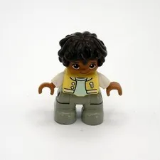 Lego Duplo Hispanic Boy Figure Brown Hair Gray Pants Yellow Vest White Shirt