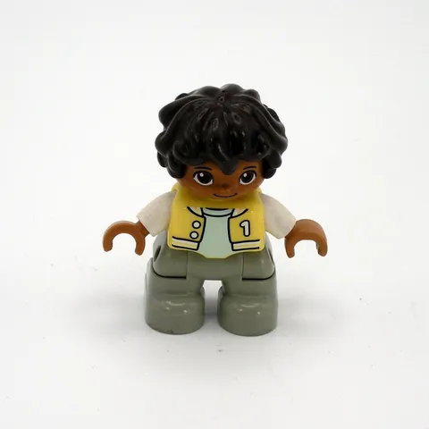 Lego Duplo Hispanic Boy Figure Brown Hair Gray Pants Yellow Vest White Shirt