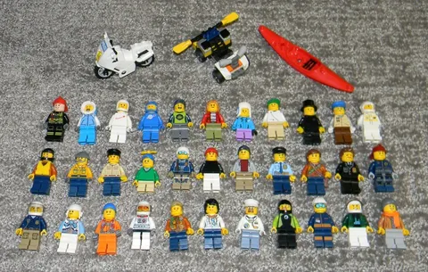 LEGO Town: City - Mini Figure Lot - 33 Mini Figures, Motorcycle, Kayak, 4-Wheel
