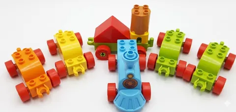 Lego Duplo 6 piece Train Cars Plus Misc Pieces {WASHED} Blue Smokestack