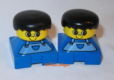 Vintage Set of 2 LEGO Duplo Boy Figures Black Hair Blue Overalls Collectible