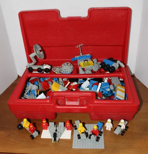 Vintage Lego Red Carrying Case w/ Legos included spaceman astronaut vehicles