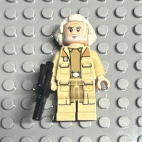 LEGO Minifigure Tan Outfit White Hair Black Blaster Accessory Plastic Figure