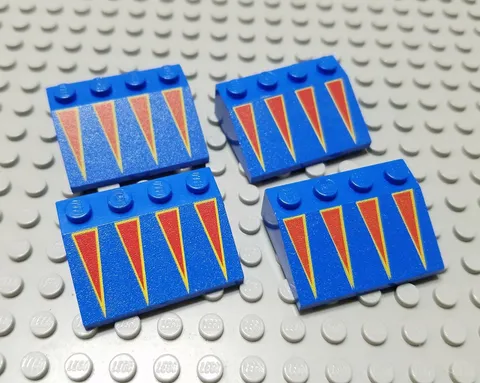LEGO Lot of 4 Blue 3x4 Roof Slopes with Red Triangles