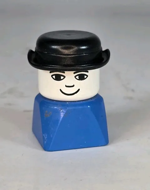 Vintage LEGO Duplo 2x2x2 Square Block Man Figure Black Bowler Hat Blue Body 1977