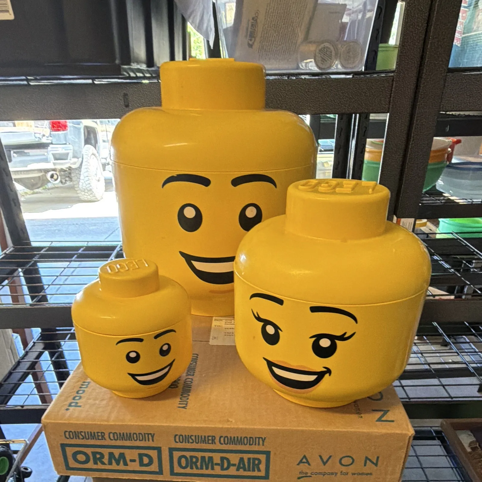 LEGO Stackable Minifigure Storage Heads Dad,Mom and baby. 3 storage containers.