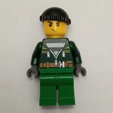 LEGO Plastic Minifigure w/ Green Jacket, Black Beanie Hat & Gray Hands