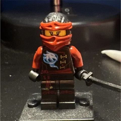 LEGO Red Ninja Minifigure with Sword & Black Display Stand/Base