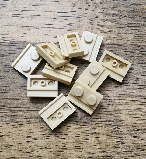 LEGO Tan Plate, Modified 1 x 2 with Door Rail. QTY 10. Part 32028.