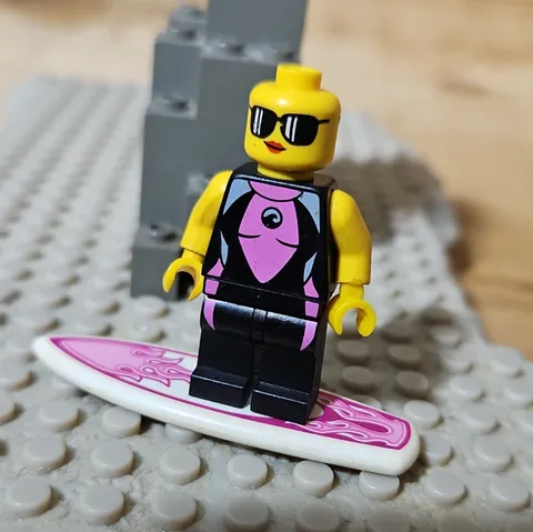 LEGO Plastic Surfer Girl Minifigure Yellow Head Sunglasses w/ Surfboard