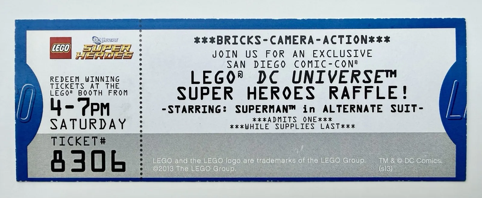 SDCC 2013 LEGO MINIFIG BLACK SUIT SUPERMAN SUPER HEROES RAFFLE TICKET COMIC CON