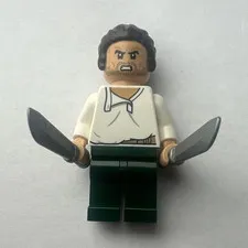 LEGO Minifigure Dark Hair Bun, White Shirt, Dark Green Legs, 2 Silver Knives