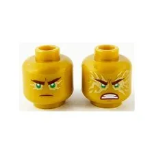 LEGO - Minifig, Head Green Eyes with Gold Energy Effect, Frown / Fierce Outburst