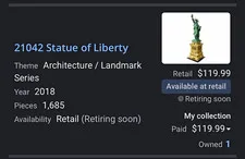 LEGO Architecture Landmark Statue of Liberty Set 21042 1685pcs Ages 16+ 2018