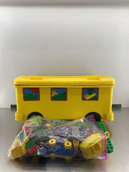 Vintage LEGO DUPLO Yellow Rolling Bus Storage Bin Blocks Baseplate Lot