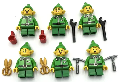 Lego 6 New Bright Green Coat Elf Red Cup Scissors Black Wrench Minifigures