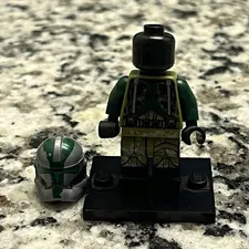 LEGO Minifigure Dark Green Outfit w/ Green/Gray Helmet & Black Display Stand