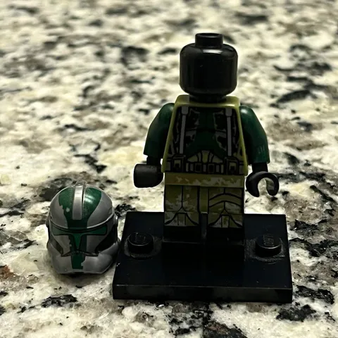 LEGO Minifigure Dark Green Outfit w/ Green/Gray Helmet & Black Display Stand