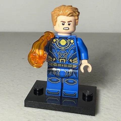 LEGO Eternals Minifigure Blue Suit Orange Flame Hand with Display Stand